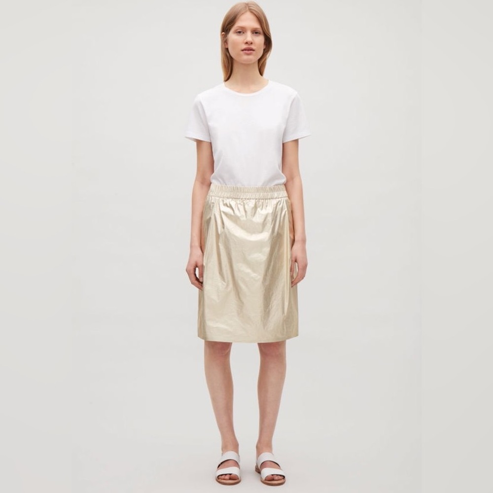 COS 8 Skirt Light Gold Beige Metallic Cotton Pockets Elastic Waistband Excellent